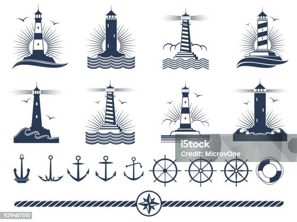 Nautical Logos And Elements Set Anchors Lighthouses Rope Stock Illustration - Download Image Now