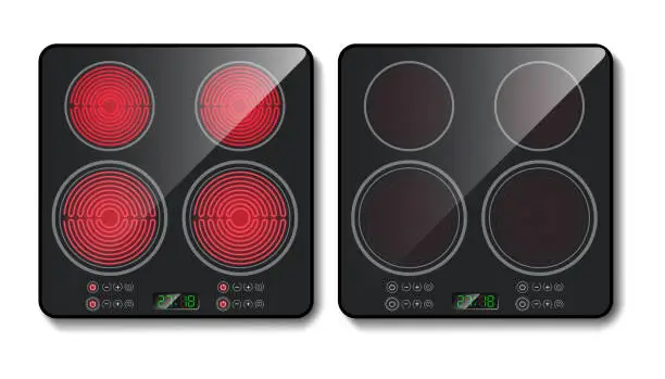 Vector illustration of Vector realistic black induction cooktop, top view