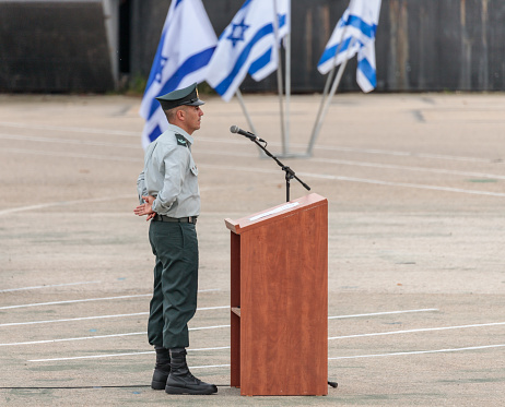 Mishmar David, Israel, Februar 21, 2018 : Ensign of the IDF stands near the podium at the formation in Engineering Corps Fallen Memorial Monument in Mishmar David, Israel