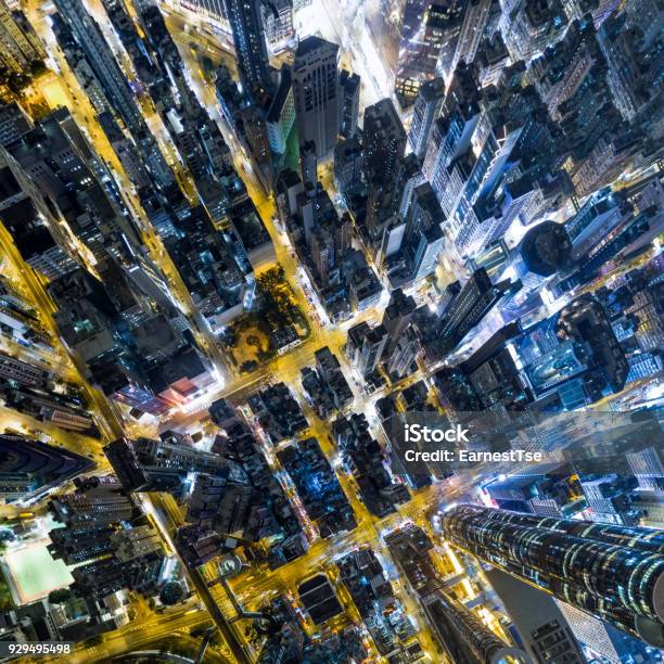 Aerial View Of Business District Of Hong Kong At Night Stock Photo - Download Image Now