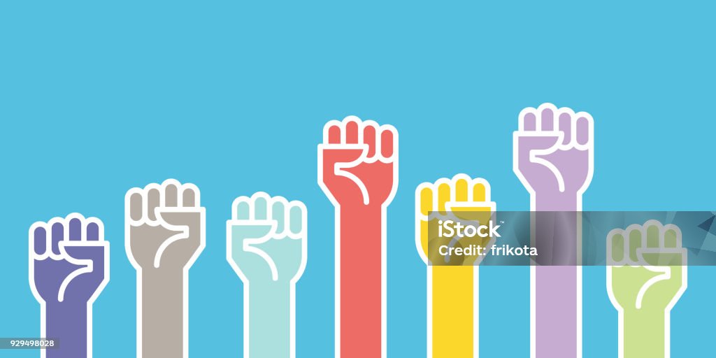 Fists hands up vector illustration. Concept of unity, revolution, fight, cooperation. Flat outline design. Fist stock vector