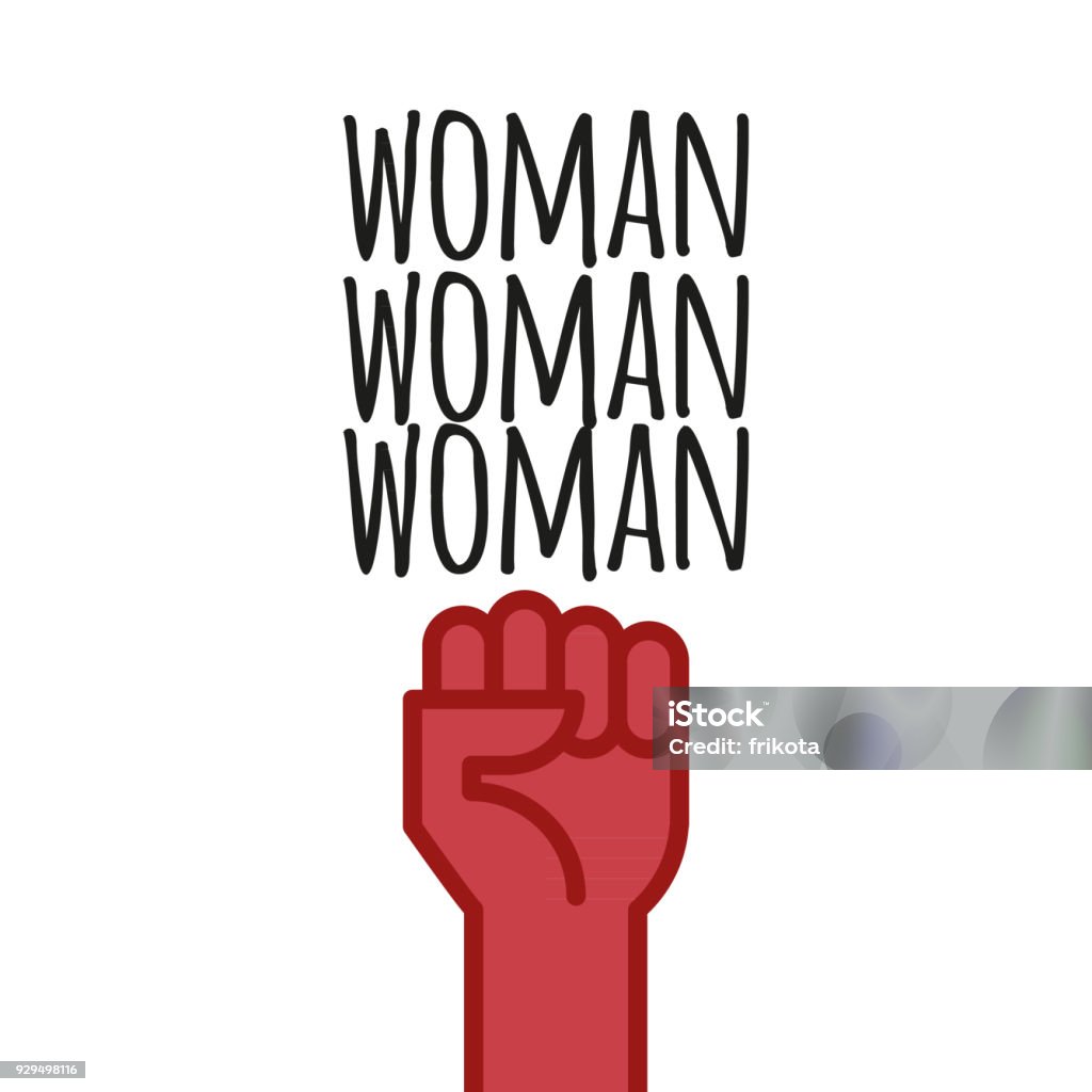 Fist hand up with feminist message. Concept of unity, revolution, fight, protest. Women rights. Vector illustration. Flat outline design. Adult stock vector