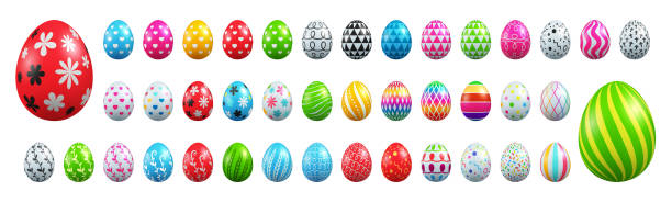 ilustraciones, imágenes clip art, dibujos animados e iconos de stock de sistema de colección de huevos de pascua en fondo blanco. ilustración de vector eps10 - huevo de pascua de chocolate