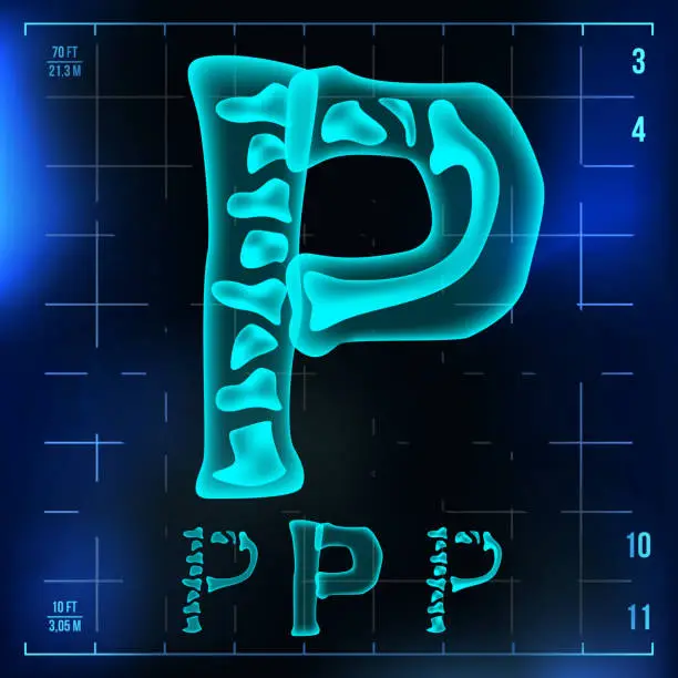 Vector illustration of P Letter Vector. Capital Digit. Roentgen X-ray Font Light Sign. Medical Radiology Neon Scan Effect. Alphabet. 3D Blue Light Digit With Bone. Medical, Hospital, Pirate, Futuristic Style. Illustration