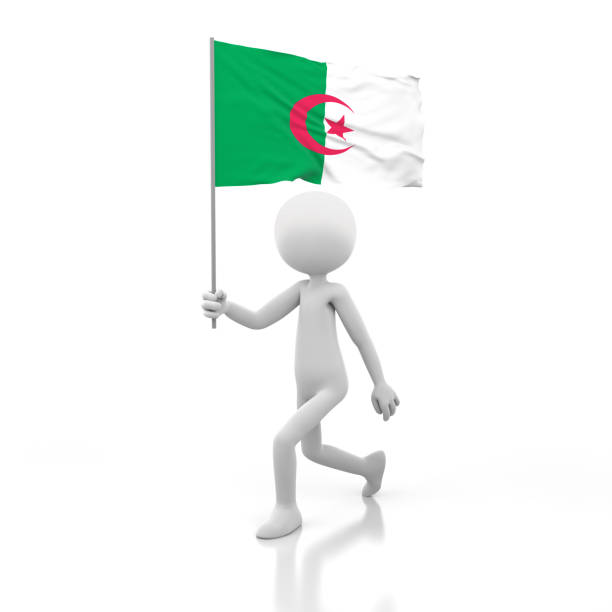 Small Person Walking with Algeria Flag in a Hand. 3D Rendering Image