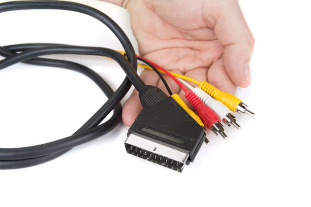 istock Black scart cable and cinch connectors on the white 929503332