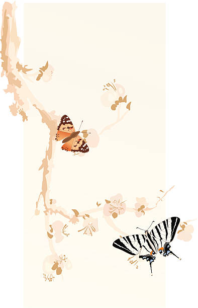 сливовое дерево и бабочки фоне - scarce swallowtail stock illustrations