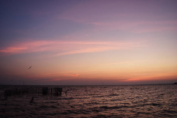 The sea at sunset , Horizon began to turn orange with purple  color on tropical sky , Thailand