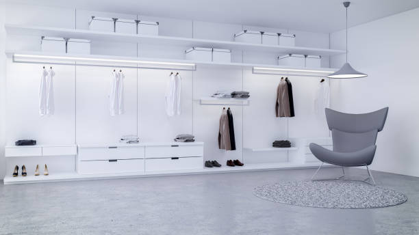 istock Modern loft  walk in closet  and white wardrobe interior design ,3d rendering 929506788