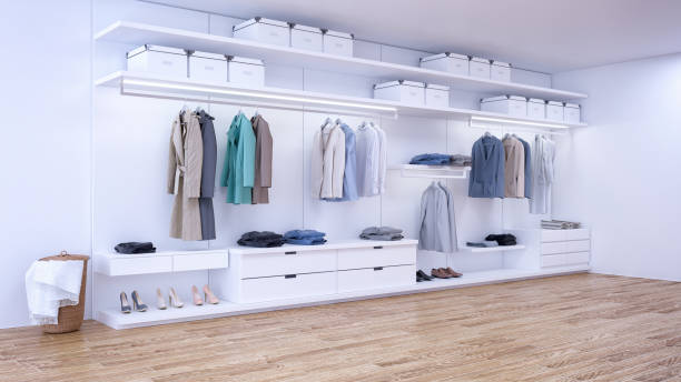 istock Modern minimalist  walk in closet with white wardrobe,3d rendering 929506806