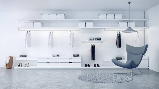 istock Modern loft walk in closet interior, white wardrobe design ,3d rendering 929506814