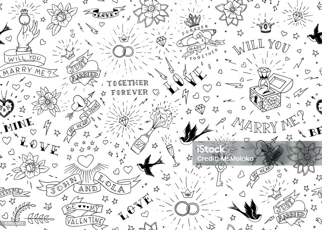 Tatuaggi della vecchia scuola cuciture modello con uccelli, fiori, rose e cuori. Tema amore e matrimonio. Design tradizionale del tatuaggio in bianco e nero. Illustrazione vettoriale - arte vettoriale royalty-free di Tatuaggio