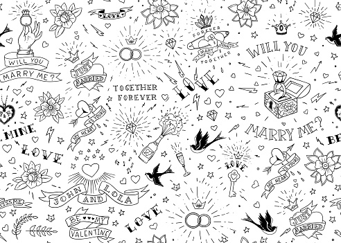 Old school tattoos seamles pattern with birds, flowers, roses and hearts. Love and wedding theme. Black and white traditional tattoo design. Vector illustration