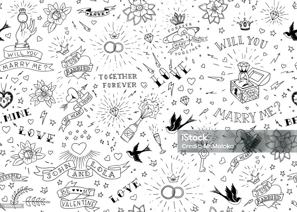 Old School Tattoos Seamles Pattern With Birds Flowers Roses And Hearts Love  And Wedding Theme Black And White Traditional Tattoo Design Vector  Illustration Stock Illustration - Download Image Now - iStock