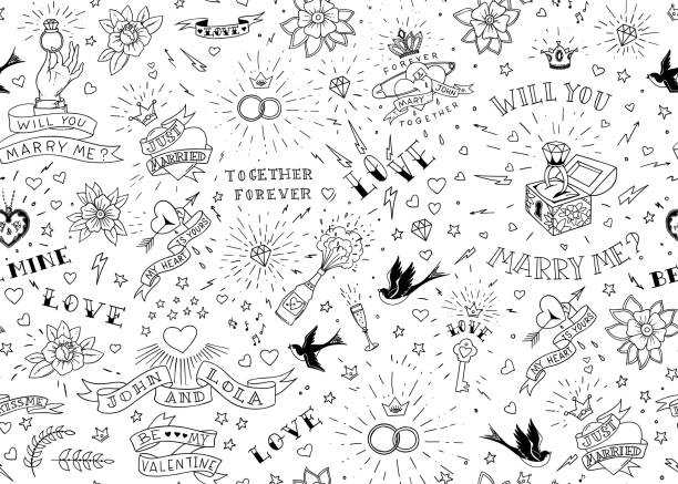Old school tattoos seamles pattern with birds, flowers, roses and hearts. Love and wedding theme. Black and white traditional tattoo design. Vector illustration Old school tattoos seamles pattern with birds, flowers, roses and hearts. Love and wedding theme. Black and white traditional tattoo design. Vector illustration. wedding symbols stock illustrations