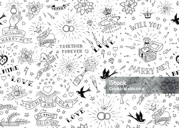 Old School Tattoos Seamles Pattern With Birds Flowers Roses And Hearts Love And Wedding Theme Black And White Traditional Tattoo Design Vector Illustration Stock Illustration - Download Image Now