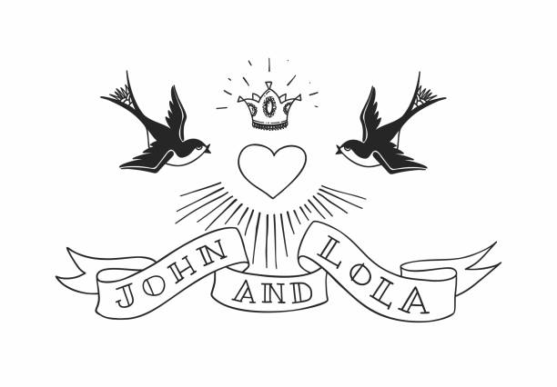 две ласточки птицы с сердцем и короной в стиле татуировки. винтажный американский повстанческий свадебный дизайн. иллюстрация вектора - tattoo heart shape love ribbon stock illustrations