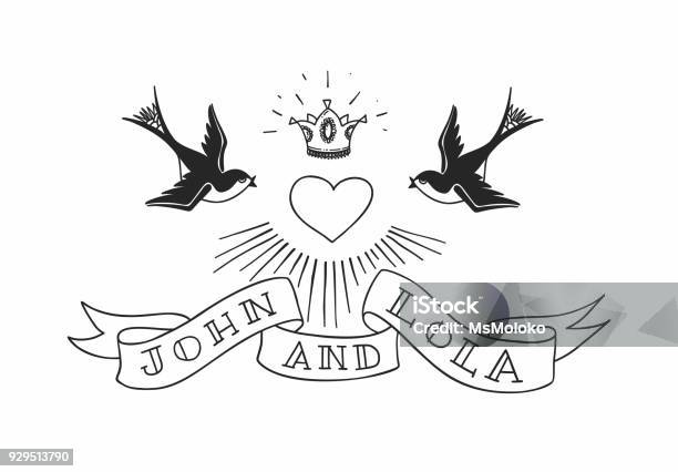 Two Swallow Birds With Heart And Crown In Tattoo Style Vintage American Rebel Wedding Design Vector Illustration Stock Illustration - Download Image Now