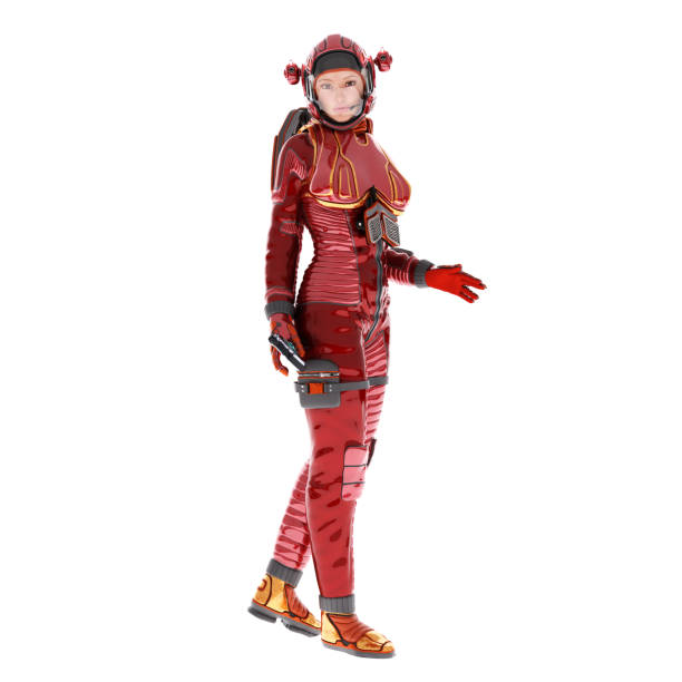 Female Astronaut in red suit isolated on white