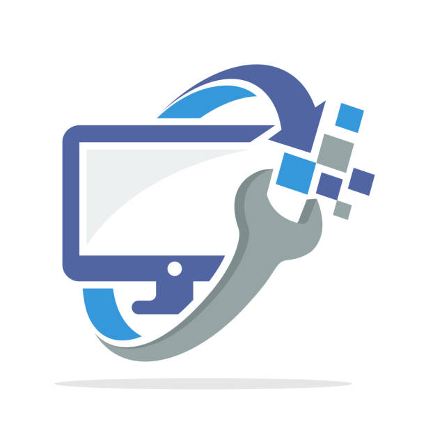 logo ikony z koncepcją naprawy komputera i naprawy monitora telewizyjnego - technician computer repairing wrench stock illustrations