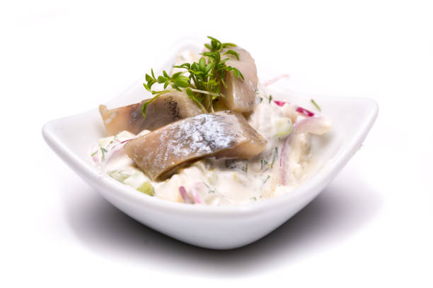 salada de arenque jovem único em uma tigela pequena, isolada no fundo branco - freshness fish food seafood - fotografias e filmes do acervo