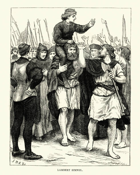 Vintage engraving of Lambert Simnel, pretender to the throne of England. His claim to be the Earl of Warwick in 1487 threatened the newly established reign of King Henry VII. Simnel became the figurehead of a Yorkist rebellion organised by John de la Pole, Earl of Lincoln. The rebellion was crushed in 1487. Simnel was pardoned and was thereafter employed by the Royal household as a scullion.