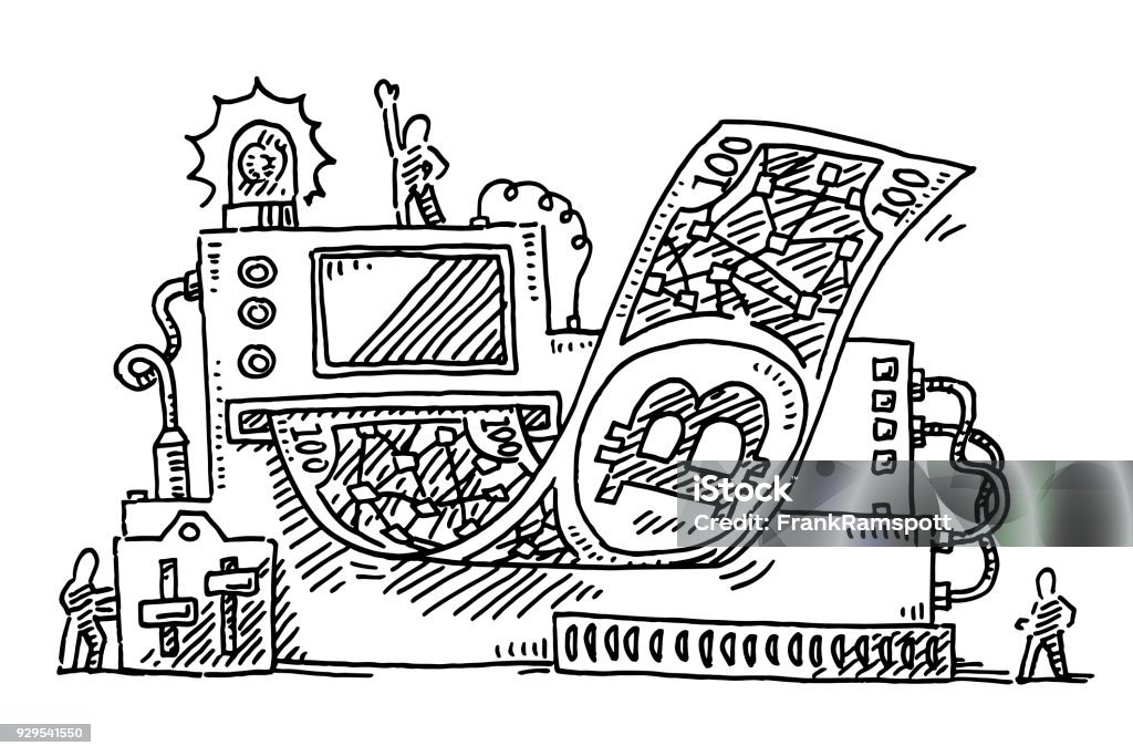 Machine Printing Bitcoin Banknotes Drawing Hand-drawn vector drawing of a Machine Printing Bitcoin Banknotes. Black-and-White sketch on a transparent background (.eps-file). Included files are EPS (v10) and Hi-Res JPG. Currency stock vector