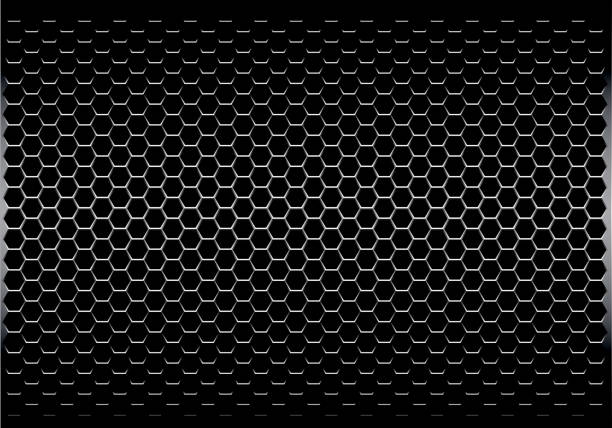 어두운 회색 육각 금속 메쉬 패턴 디자인 현대 미래 배경 텍스처 벡터 일러스트. - speaker grille audio stock illustrations
