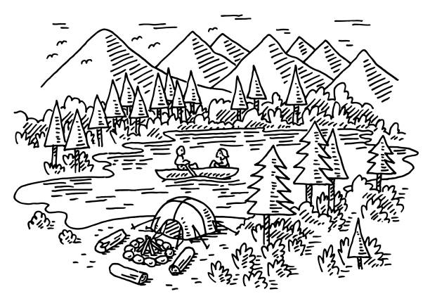 Camping Vacation On A Lake Drawing Hand-drawn vector drawing of a Camping Vacation On A Lake. Black-and-White sketch on a transparent background (.eps-file). Included files are EPS (v10) and Hi-Res JPG. pen and ink stock illustrations