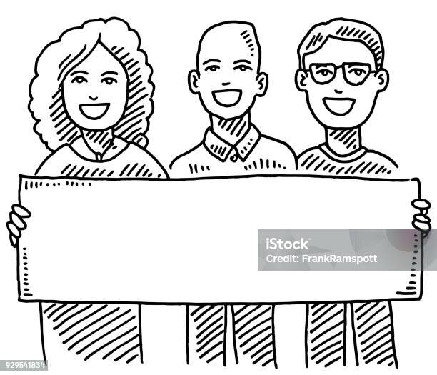 Team Of Three People Holding Blank Sign Drawing Stock Illustration - Download Image Now - People, Sign, Holding