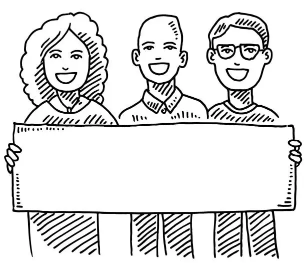 Vector illustration of Team Of Three People Holding Blank Sign Drawing