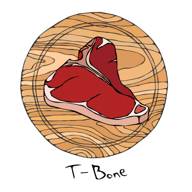 illustrazioni stock, clip art, cartoni animati e icone di tendenza di t-bone di bistecca più popolare su un tagliere rotondo in legno. taglio manzo. guida alla carne per macelleria o menù ristorante steak house. illustrazione disegnata a mano. stile doodle savoiardo - steak meat t bone steak raw