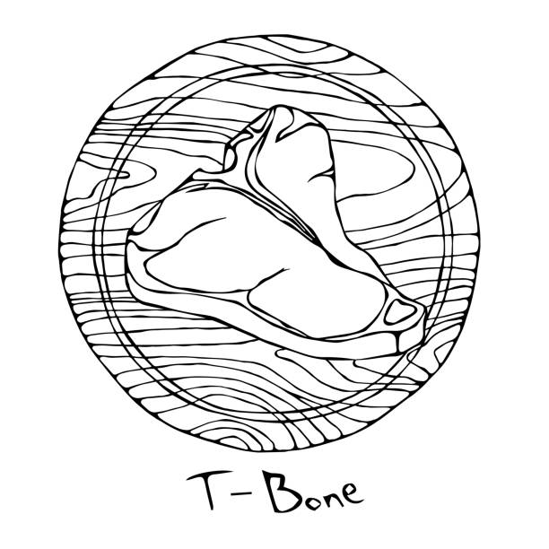 illustrazioni stock, clip art, cartoni animati e icone di tendenza di t-bone di bistecca più popolare su un tagliere rotondo in legno. taglio manzo. guida alla carne per macelleria o menù ristorante steak house. illustrazione disegnata a mano. stile doodle savoiardo - steak meat t bone steak raw