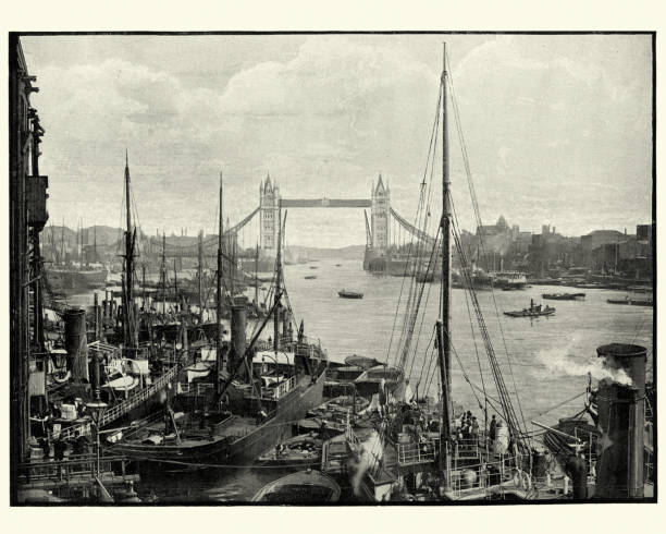 River Thames and Tower Bridge, London, 19th Century Vintage photograph of River Thames and Tower Bridge, London, 19th Century pier photos stock pictures, royalty-free photos & images