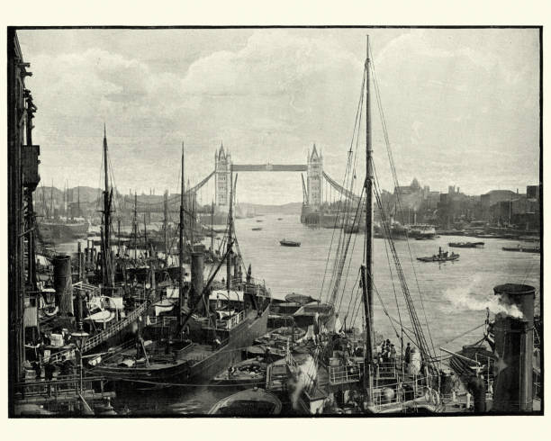 River Thames and Tower Bridge, London, 19th Century Vintage photograph of River Thames and Tower Bridge, London, 19th Century 19th century stock pictures, royalty-free photos & images