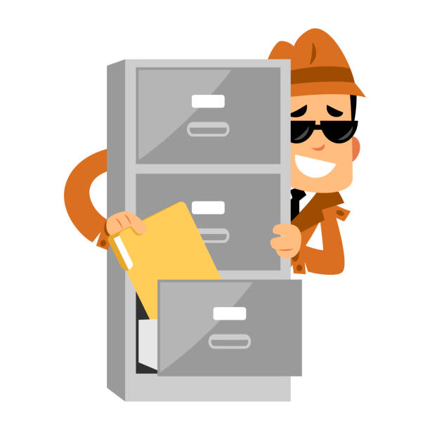 Vector drawing of a detevtive man Vector drawing of a detective, he is taking a file folder cartoon of a searching stock illustrations