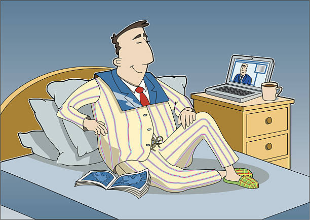 Working from Home Video conference, on web cam, working from home with a fake suit for the for the camera. Editable vector. pajamas illustrations stock illustrations