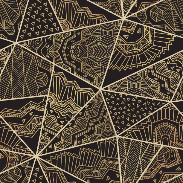 абстрактный вектор бесшовный треугольный лоскутный узор из черных и золотых геометрических орнаментов ар-деко, стилизованных звезд и вост - mosaic modern art triangle tile stock illustrations
