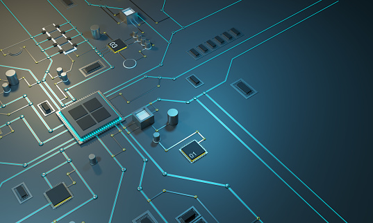 High Tech Applications High Tech Electronic Pcbwith Processor Microchips And Glowing Digital ...