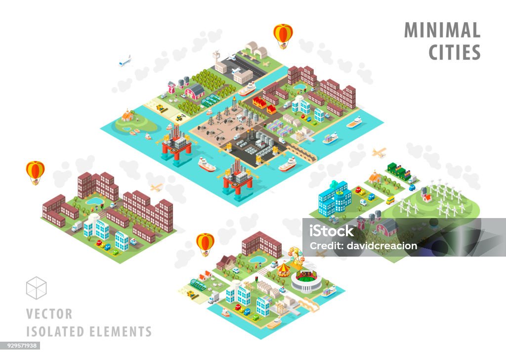 Set of Isolated Isometric Minimal City Maps . Elements with Shadows on White Background Isolated Vector Elements Isometric Projection stock vector