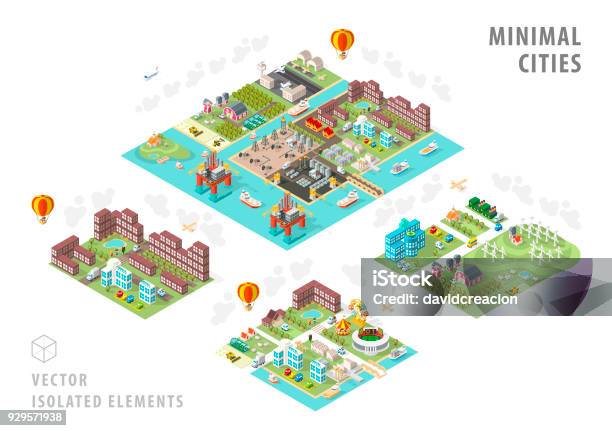 Set Of Isolated Isometric Minimal City Maps Elements With Shadows On White Background Stock Illustration - Download Image Now