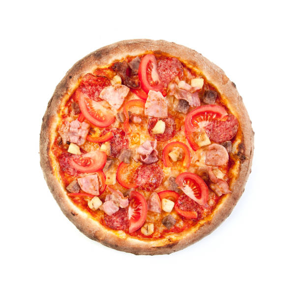 istock Pizza with chorizo, ham and gray tomatoes on a clean white background. View from above. Isolated. 929572314