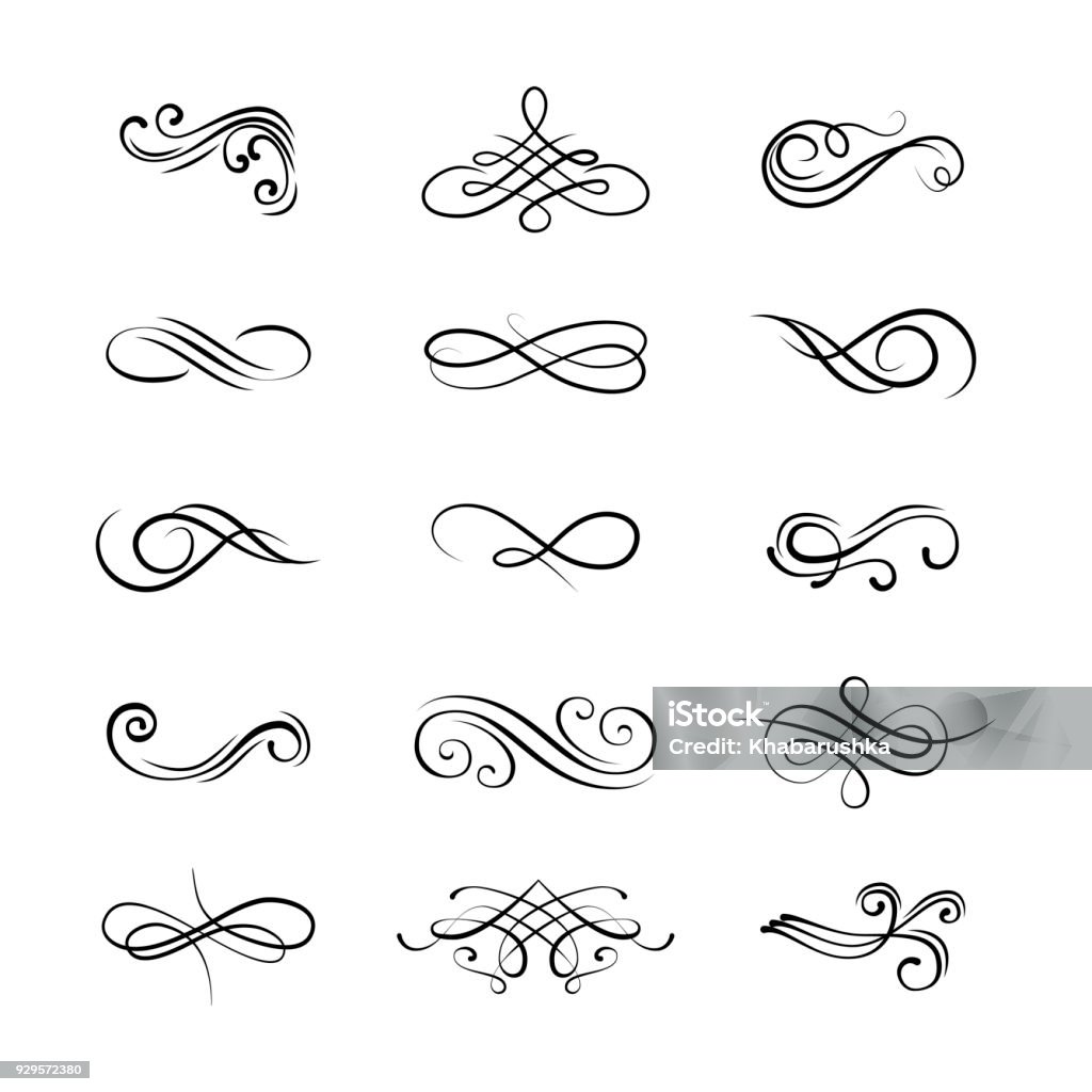 Set flourishes. Calligraphic and page decoration design elements. Swirl, scroll and divider. Set flourishes. Calligraphic and page decoration design elements. Swirl, scroll and divider. Vector illustration. Flourish - Art stock vector
