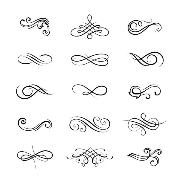 Vector illustration of Set flourishes. Calligraphic and page decoration design elements. Swirl, scroll and divider.