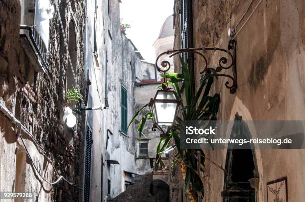 Street Lantern In Cervo In Liguria In Italy Stock Photo - Download Image Now - Alley, Ancient, Architecture