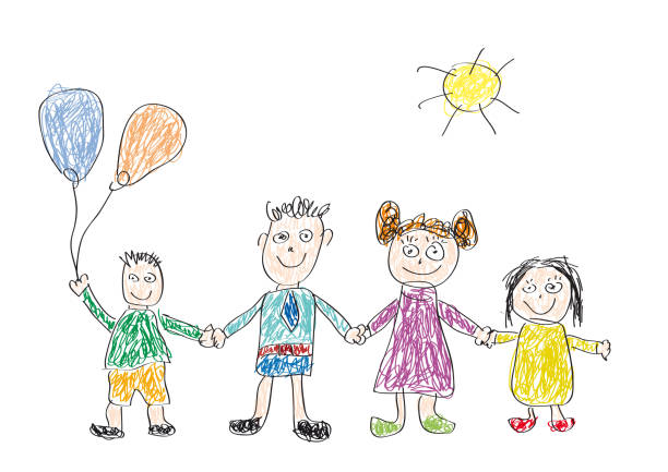 illustrations, cliparts, dessins animés et icônes de dessin vectoriel, faite par un enfant, famille heureuse - crayon pastel illustrations