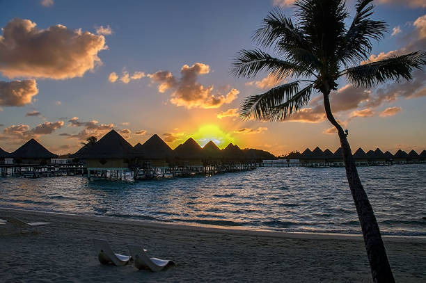 piękny wschód lub zachód słońca na plaży bora bora - polynesia bungalow beach sunrise zdjęcia i obrazy z banku zdjęć
