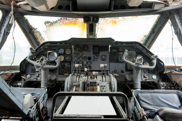 istock Interior of old cockpit and airplane control panel is defective. 929584776