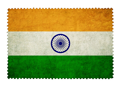 Flag of India on grunge postage stamp background isolated