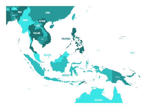 illustrazioni stock, clip art, cartoni animati e icone di tendenza di mappa del sud-est asiatico. mappa vettoriale nei toni del blu turchese - indonesia